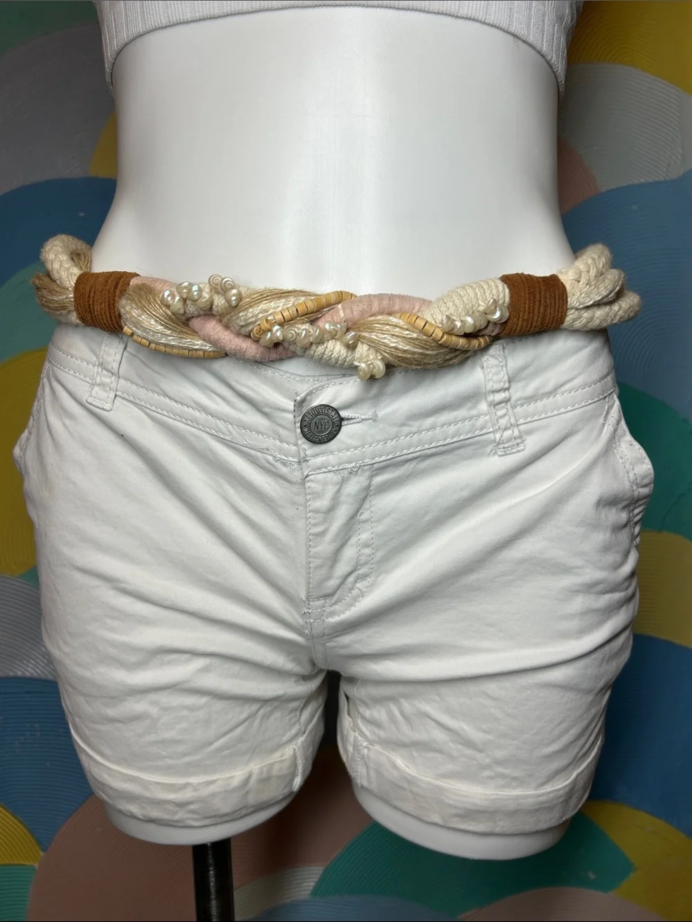 Vintage 1980s Braided Rope Waist Belt with Bead Accents - Neutral Tones
